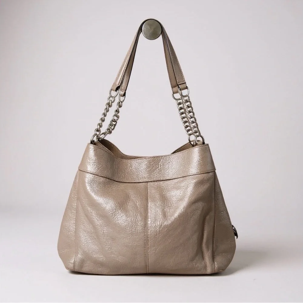 Coach Lexy Leather Shoulder Bag with Chain in Metallic Champagne